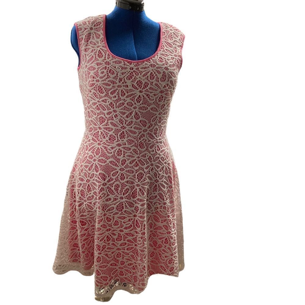 ‎LONDON TIMES, pink dress, lace overlay, size 14